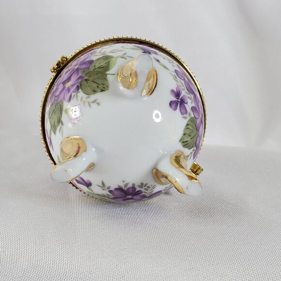 Vintage Egg Shaped Violet Floral Porcelain Trinket Box Hinged Footed Jewelry Box - Picture 6 of 12